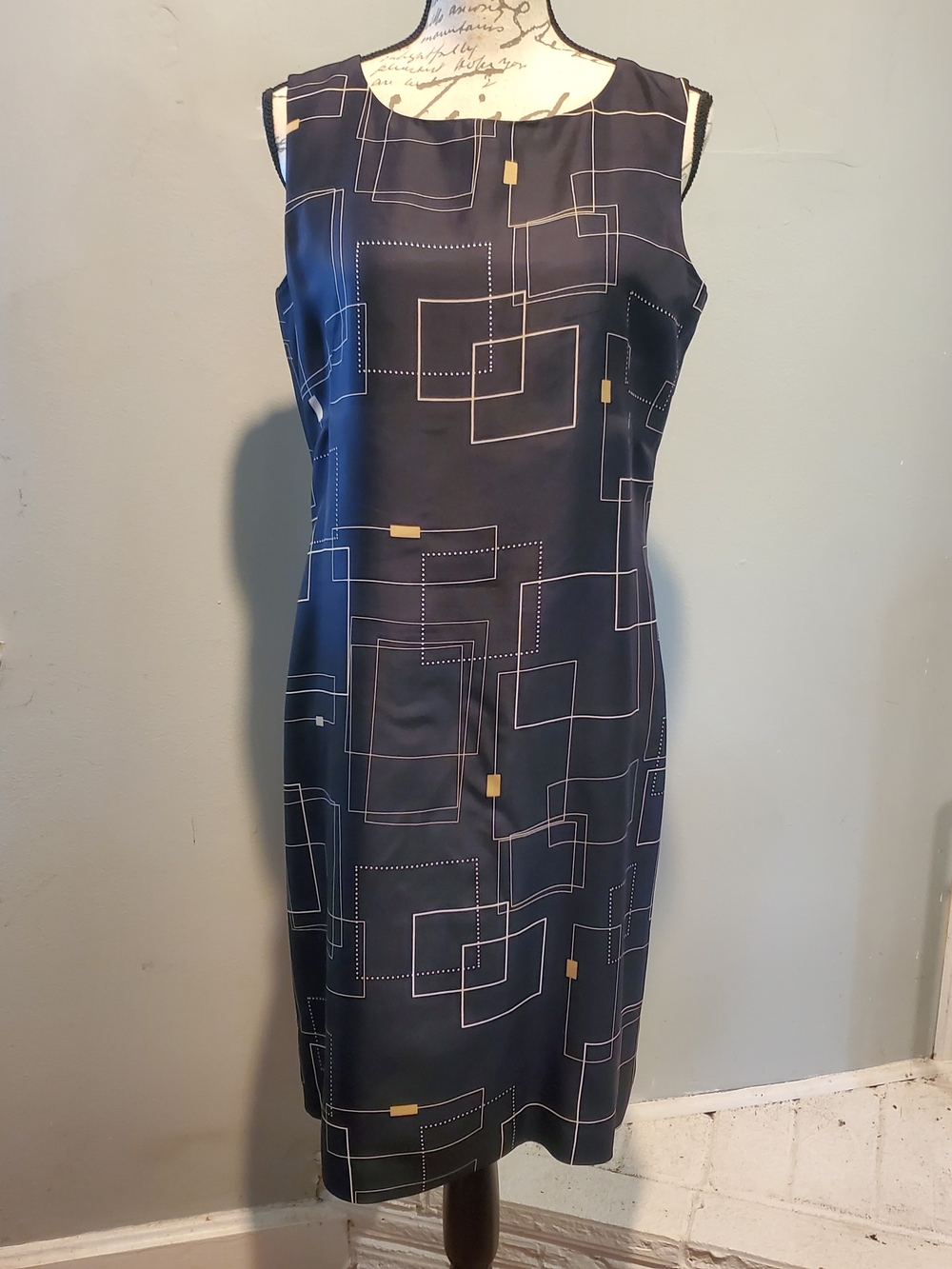 Tyler Boe 100% Silk Navy Blue Geometric Mod Sheath Dress Workwear/ Datenight